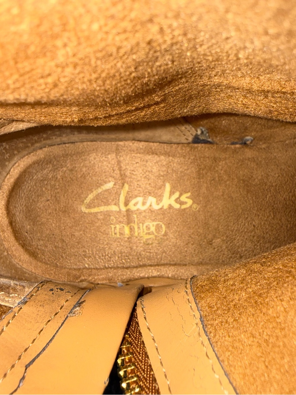 Clarks Tan Brown Genuine Leather Tall Side Gold Zip Flat Boots Women’s US 6.5 - Picture 9 of 14